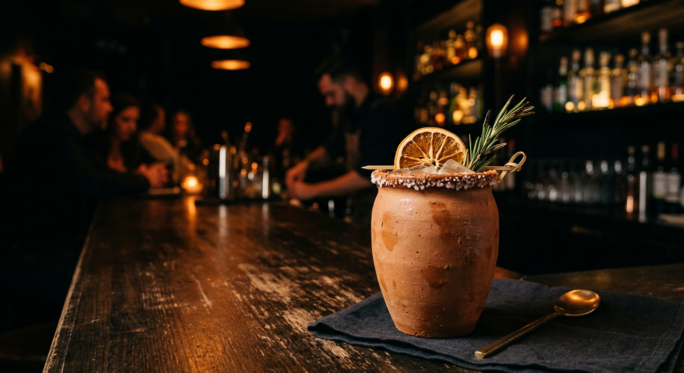 Mezcal cocktail in a clay cup
