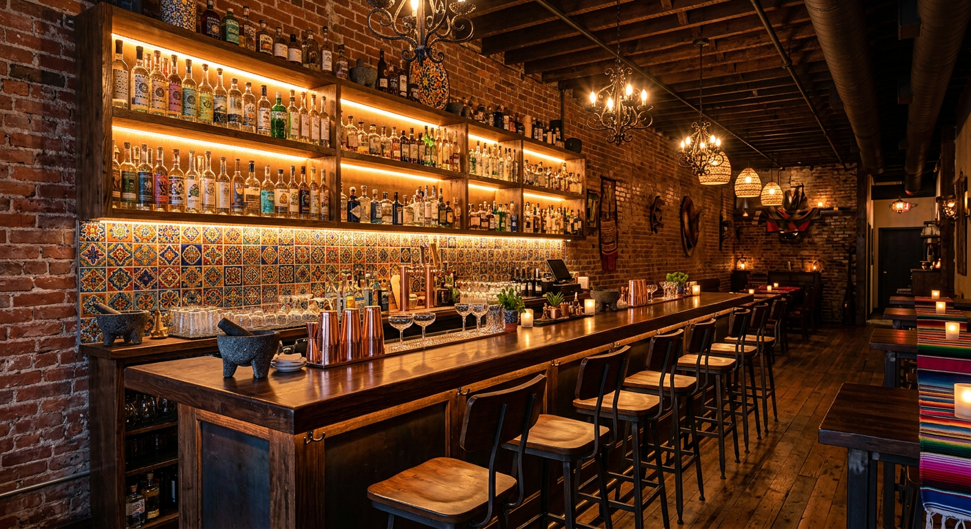 Bar with mezcal bottles and colorful tiles