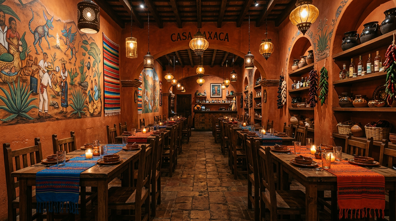 Interior of La Abuela restaurant with warm terracotta walls and folk art